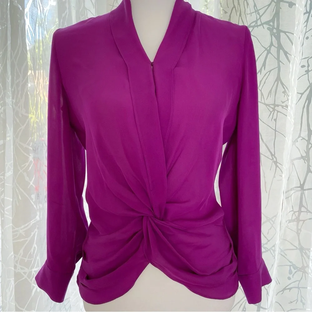 L’AGENCE PURPLE PLUM PLUNGE SILK TWIST FRONT LONG SLEEVE MARIPOSA BLOUSE top - Picture 3 of 12